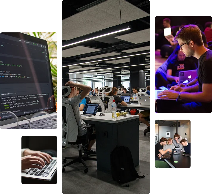A modern workspace filled with individuals focused on laptops, displaying coding and collaboration in a tech-savvy environment